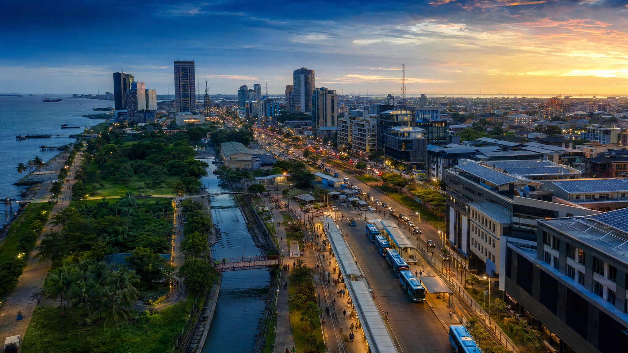 Concept visualisation of a green, connected coastal Nigerian city at sunset